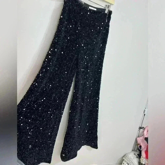 FAERIESTY Black Sequin Wide leg Pants Size Small - Picture 2 of 8